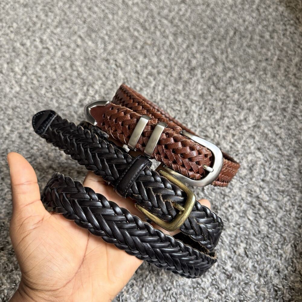 Vtg Brown Black Braided Belt Lot Woven Leather Belt Gold Silver Plate Buckle 42